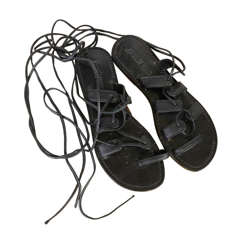Johnny Was Gladiator Sandals Women 9 Black Leather Lace Up Strappy Toe Loop Flat
